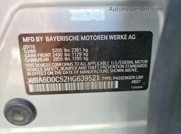 WBA6D0C52HG639521 2017 BMW 6 SERIES Silver ძრავის განყოფილების ხედი