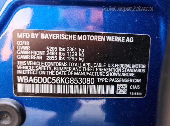 WBA6D0C56KG853080 2019 BMW 6 SERIES Blue Շարժիչի բաժամունքի տեսք