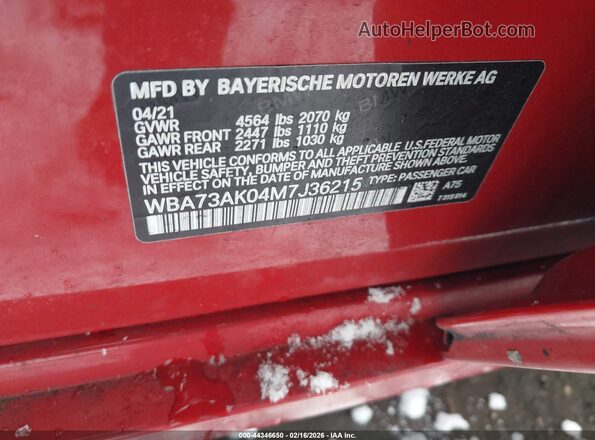 WBA73AK04M7J36215 2021 BMW 2 SERIES Red Vista del compartimento del motor