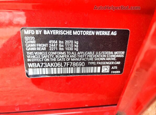 WBA73AK06L7F78690 2020 BMW 2 SERIES Red Vista de la etiqueta del VIN