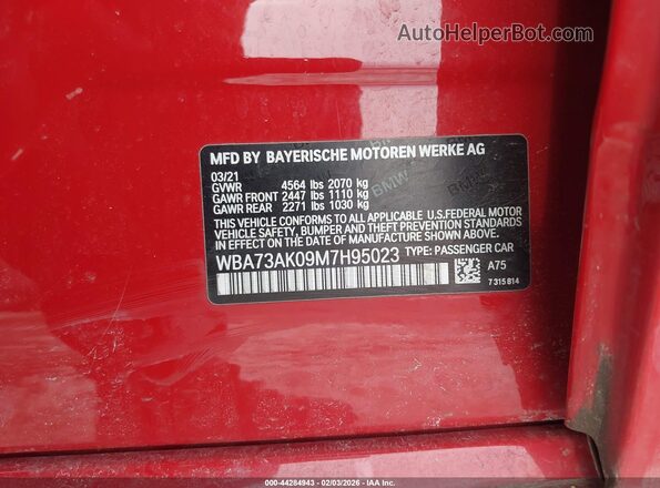 WBA73AK09M7H95023 2021 BMW 2 SERIES Red ძრავის განყოფილების ხედი