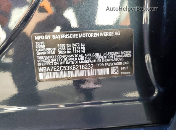 WBA7E2C53KB218232 2019 BMW 7 SERIES Black Vista de la etiqueta del VIN