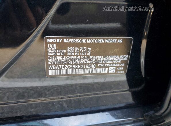 WBA7E2C58KB218548 2019 BMW 7 SERIES Black VIN sticker view