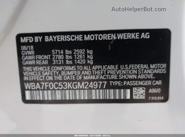 WBA7F0C53KGM24977 2019 BMW 7 SERIES White Вид підкапотного простору