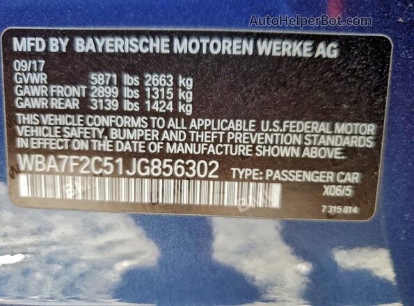 WBA7F2C51JG856302 2018 BMW ALPINA Blue Widok naklejki z numerem VIN