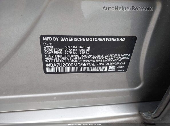 WBA7U2C00MCF40155 2021 BMW 7 SERIES Gray ძრავის განყოფილების ხედი