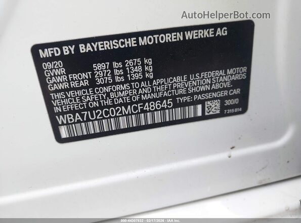 WBA7U2C02MCF48645 2021 BMW 7 SERIES White ძრავის განყოფილების ხედი