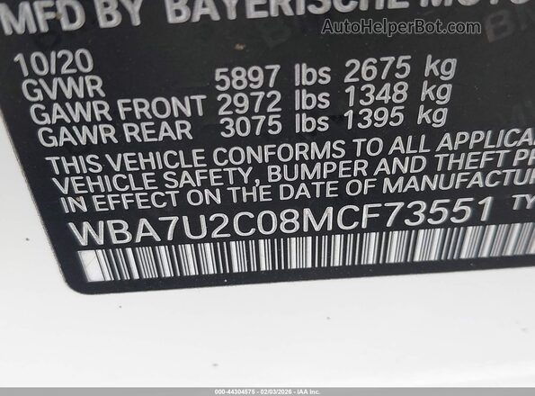 WBA7U2C08MCF73551 2021 BMW 7 SERIES White Вид підкапотного простору
