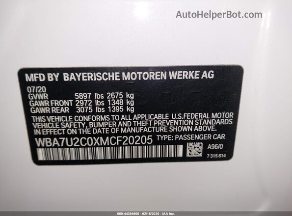 WBA7U2C0XMCF20205 2021 BMW 7 SERIES White Вид підкапотного простору