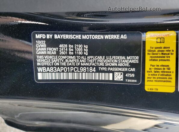 WBA83AP01PCL98184 2023 BMW M4 Black Vista de la etiqueta del VIN