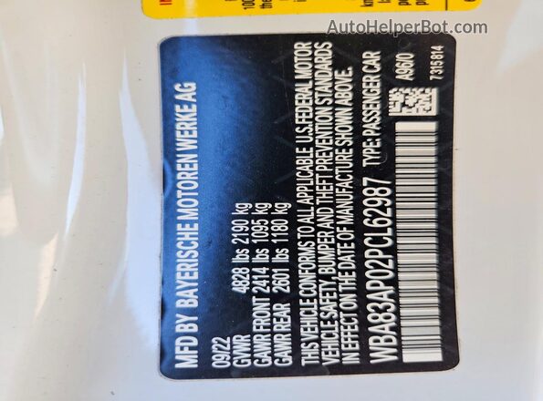 WBA83AP02PCL62987 2023 BMW M4 White Vista de la etiqueta del VIN