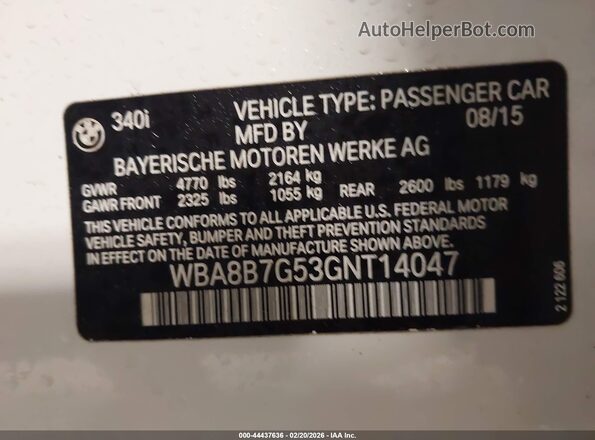 WBA8B7G53GNT14047 2016 BMW 3 SERIES White Engine compartment view