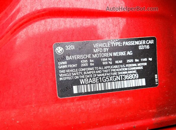 WBA8E1G5XGNT36809 2016 BMW 3 SERIES Red Вид підкапотного простору