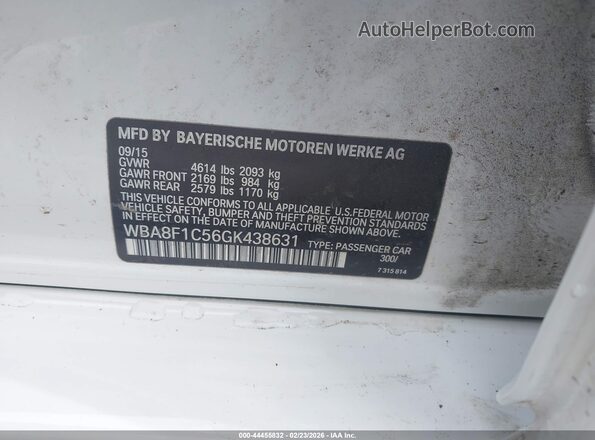 WBA8F1C56GK438631 2016 BMW 3 SERIES White ძრავის განყოფილების ხედი