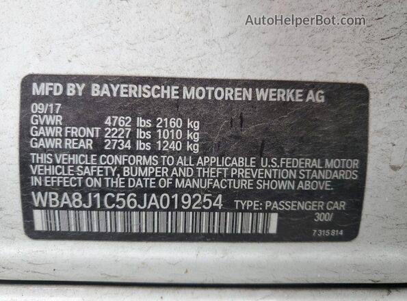 WBA8J1C56JA019254 2018 BMW 3 SERIES Белый Вид наклейки с VIN-кодом