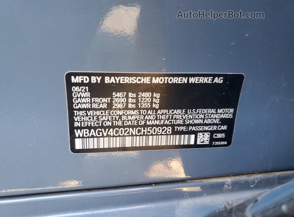WBAGV4C02NCH50928 2022 BMW 8 SERIES Синий Вид наклейки с VIN-кодом