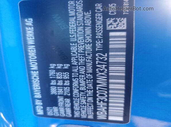WBAHF3C07MWX34732 2021 BMW Z4 Black VIN sticker view