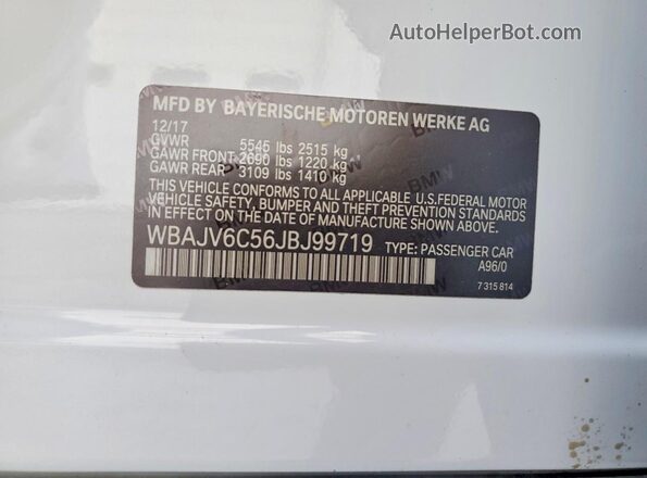 WBAJV6C56JBJ99719 2018 BMW 6 SERIES White Vista interior de 360 grados