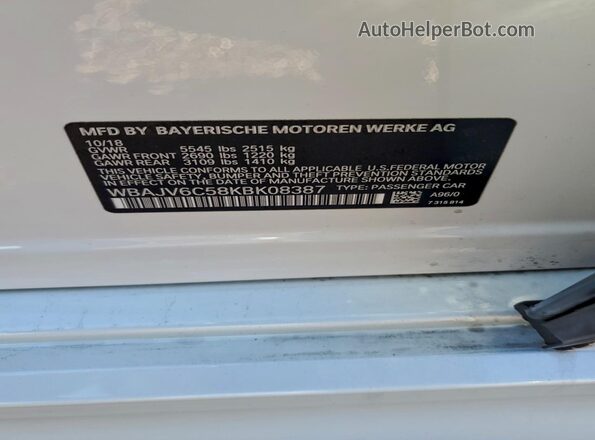 WBAJV6C58KBK08387 2019 BMW 6 SERIES White Engine compartment view