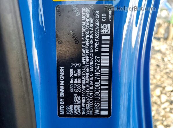 WBS1J3C08L7H04727 2020 BMW M2 Blue ძრავის განყოფილების ხედი