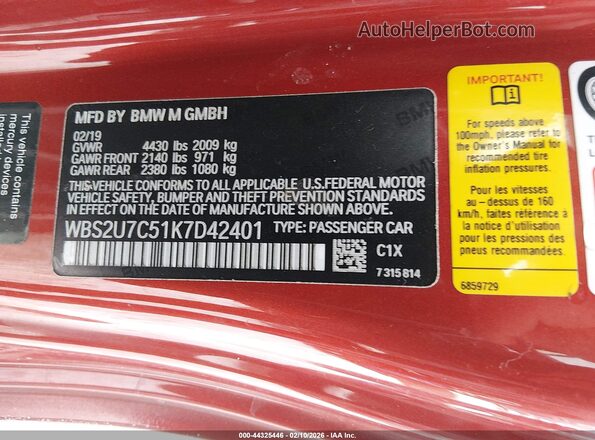 WBS2U7C51K7D42401 2019 BMW M2 Красный Вид подкапотного пространства