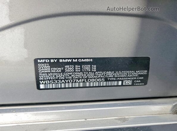 WBS33AY07MFL08065 2021 BMW M3 Gray VIN კოდის სტიკერის ხედი