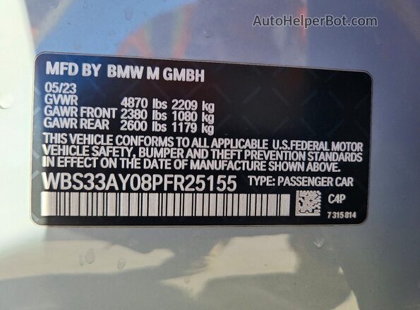 WBS33AY08PFR25155 2023 BMW M3 Gray Vista de la etiqueta del VIN