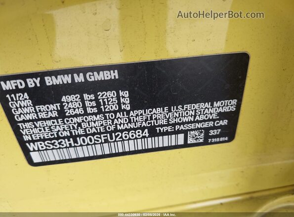WBS33HJ00SFU26684 2025 BMW M3 Yellow Engine compartment view