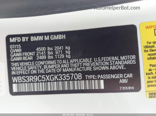 WBS3R9C5XGK335708 2016 BMW M4 Белый Вид подкапотного пространства