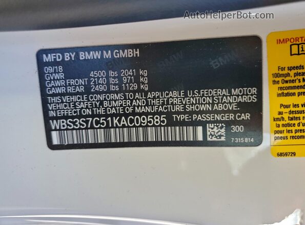 WBS3S7C51KAC09585 2019 BMW M4 White Vista del compartimento del motor