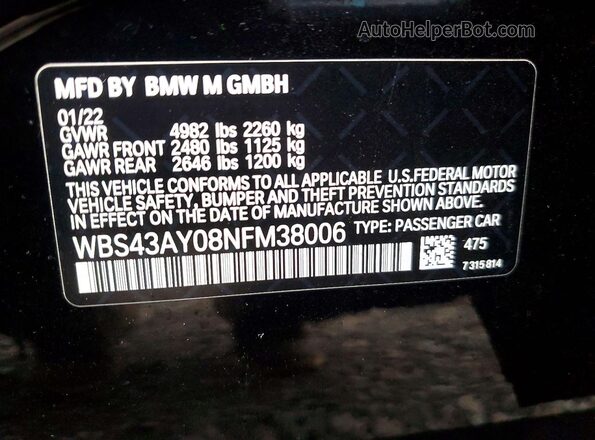 WBS43AY08NFM38006 2022 BMW M3 Black Vista de la etiqueta del VIN