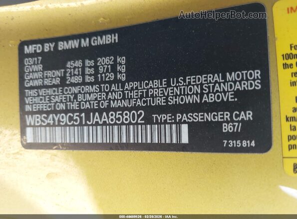 WBS4Y9C51JAA85802 2018 BMW M4 Gold Շարժիչի բաժամունքի տեսք