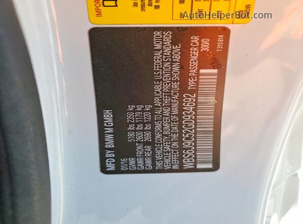 WBS6J9C52GD934692 2016 BMW M6 White VIN sticker view