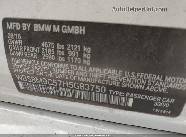 WBS8M9C57H5G83750 2017 BMW M3 White Engine compartment view