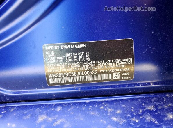 WBS8M9C58J5L00532 2018 BMW M3 Blue VIN კოდის სტიკერის ხედი