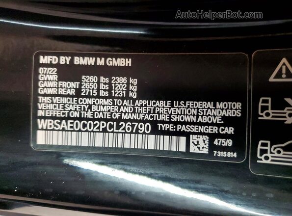 WBSAE0C02PCL26790 2023 BMW M8 Black VIN կոդի պիտակի տեսք