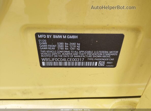 WBSJF0C04LCE00317 2020 BMW M5 Yellow 