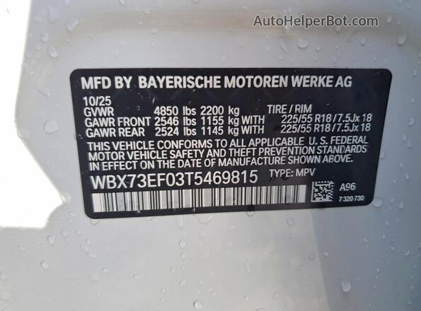 WBX73EF03T5469815 2026 BMW X1 White Вид наклейки з VIN-кодом
