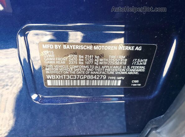 WBXHT3C37GP884279 2016 BMW X1 Blue VIN კოდის სტიკერის ხედი