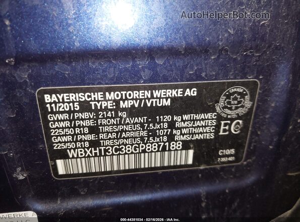 WBXHT3C38GP887188 2016 BMW X1 Blue Вид підкапотного простору