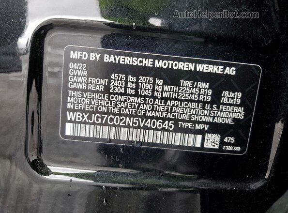 WBXJG7C02N5V40645 2022 BMW X1 Black VIN კოდის სტიკერის ხედი