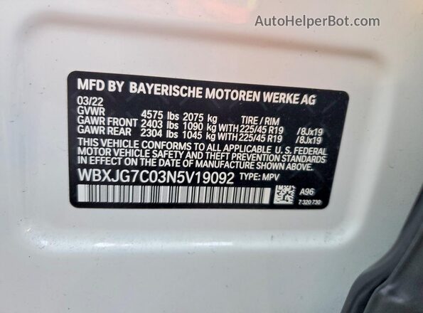 WBXJG7C03N5V19092 2022 BMW X1 White Սալոնի 360 աստիճան տեսք