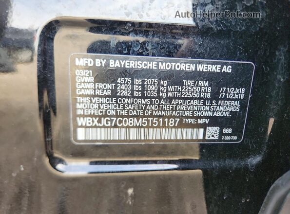 WBXJG7C08M5T51187 2021 BMW X1 Black Vista de la etiqueta del VIN
