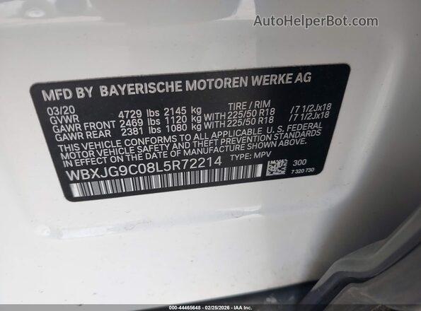 WBXJG9C08L5R72214 2020 BMW X1 White Вид підкапотного простору