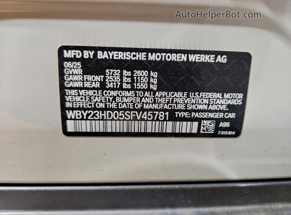 WBY23HD05SFV45781 2025 BMW I4 White VIN კოდის სტიკერის ხედი