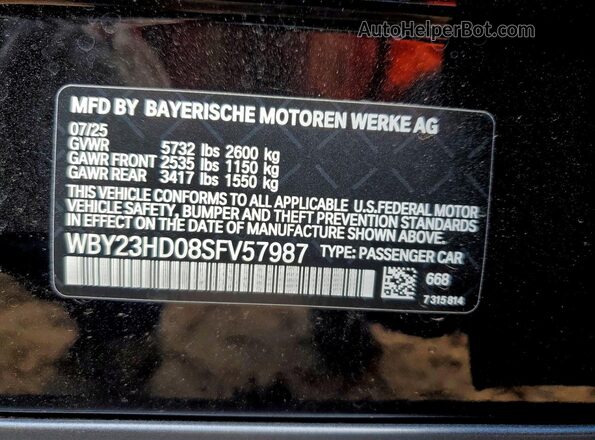 WBY23HD08SFV57987 2025 BMW I4 Black Вид наклейки з VIN-кодом