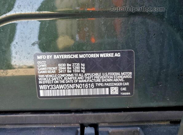 WBY33AW05NFN01616 2022 BMW I4 Green VIN კოდის სტიკერის ხედი