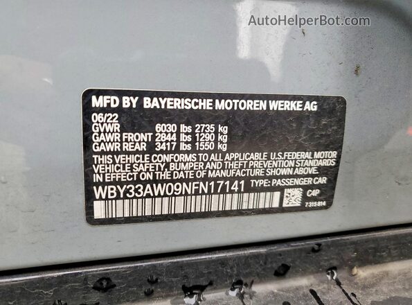 WBY33AW09NFN17141 2022 BMW I4 Gray Вид наклейки з VIN-кодом