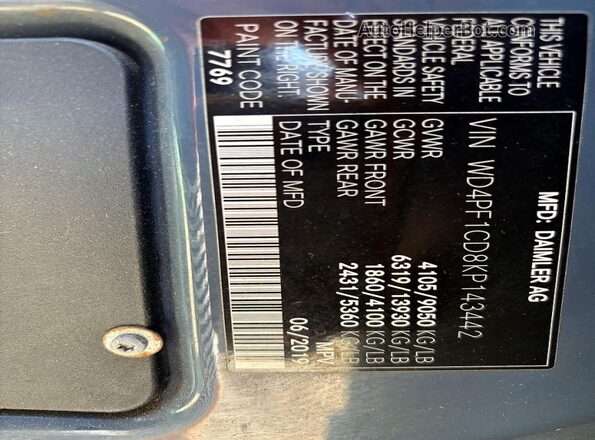 WD4PF1CD8KP143442 2019 MERCEDES-BENZ SPRINTER Blue Widok wnętrza z tyłu