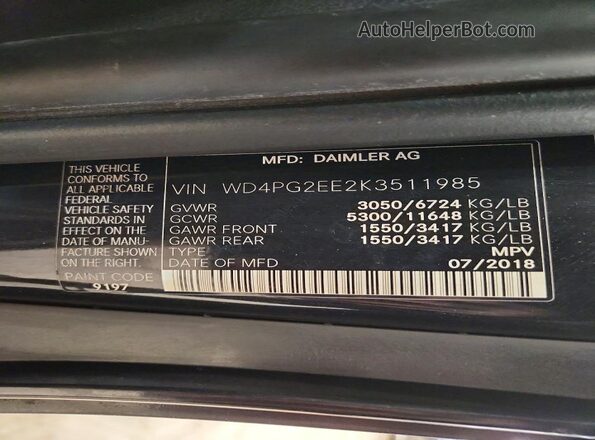 WD4PG2EE2K3511985 2019 MERCEDES-BENZ METRIS Black Widok naklejki z numerem VIN